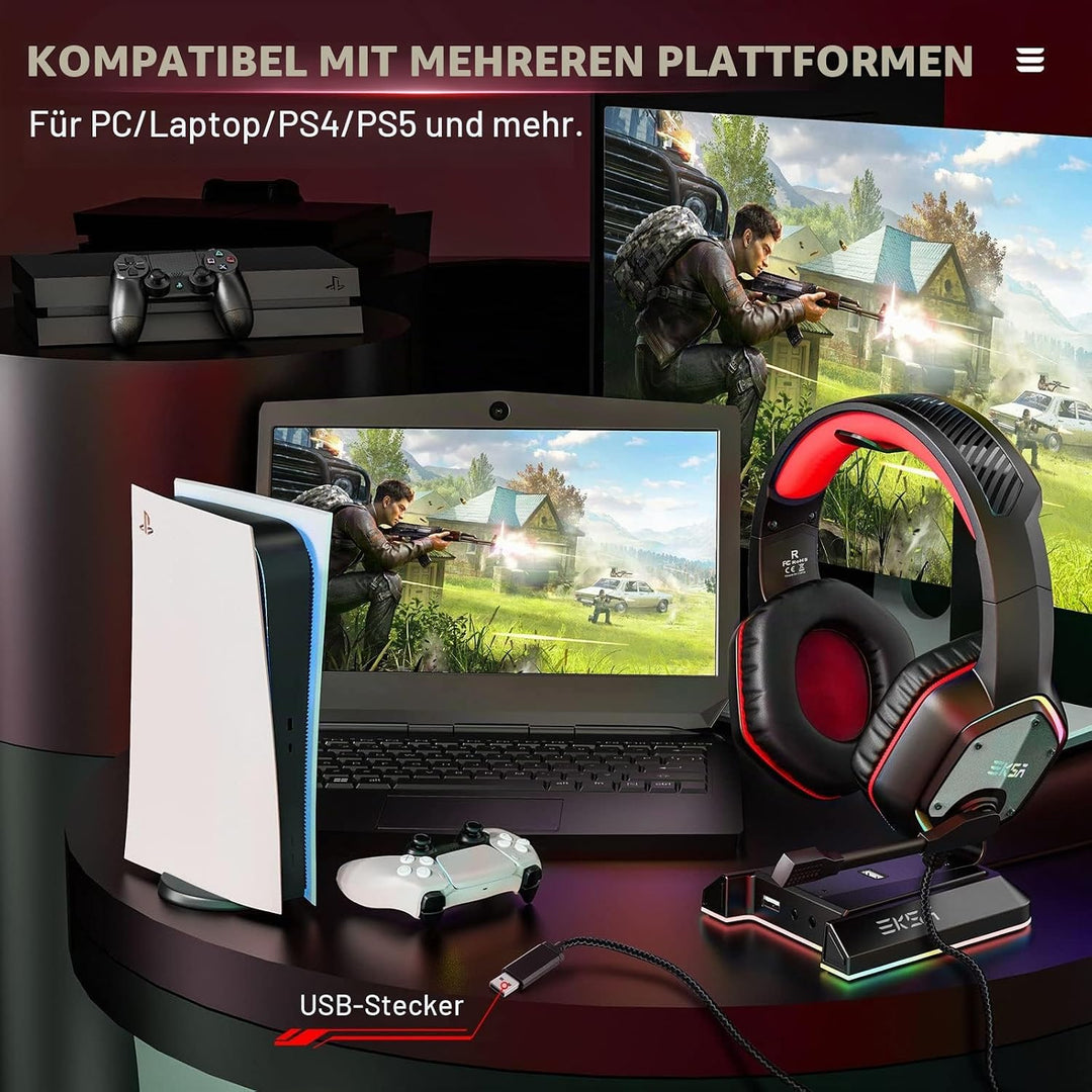 EKSA Gaming Headset, PC Headset mit Mikrofon 7.1 Surround Sound &amp; RGB Lichter, Kopfhörer mit Kabel R