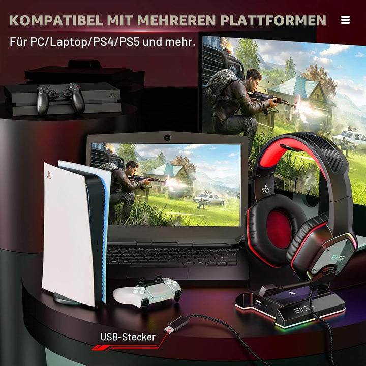 EKSA Gaming Headset, PC Headset mit Mikrofon 7.1 Surround Sound &amp; RGB Lichter, Kopfhörer mit Kabel R