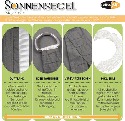 CelinaSun Sonnensegel PES Quadrat 5,6x5,6m anthrazit UPF 50+ Premium Sonnenschutz inkl Befestigungss