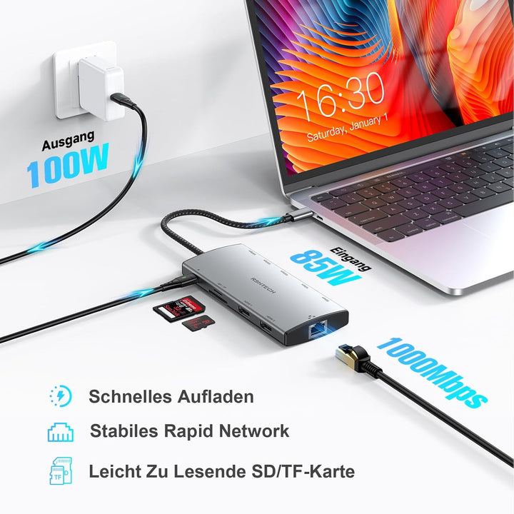 RSHTECH 11 in 1 MacBook Laptop Dockingstation mit 2 HDMI (8K und 4K), USB 3.2 und 3.0, 100W PD, SD/T