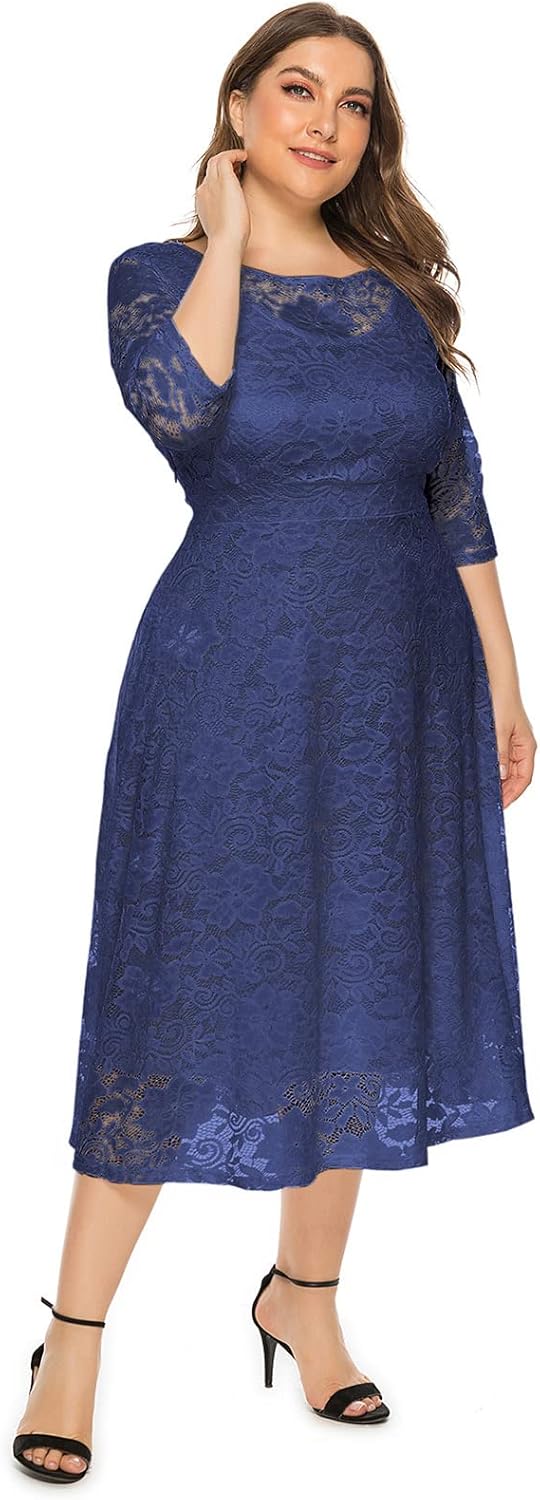 Odizli Damen Elegant 3/4 Ärmel Spitzenkleid Hochzeit Festlich Coctailkleid Abendkleid Grosse Grössen