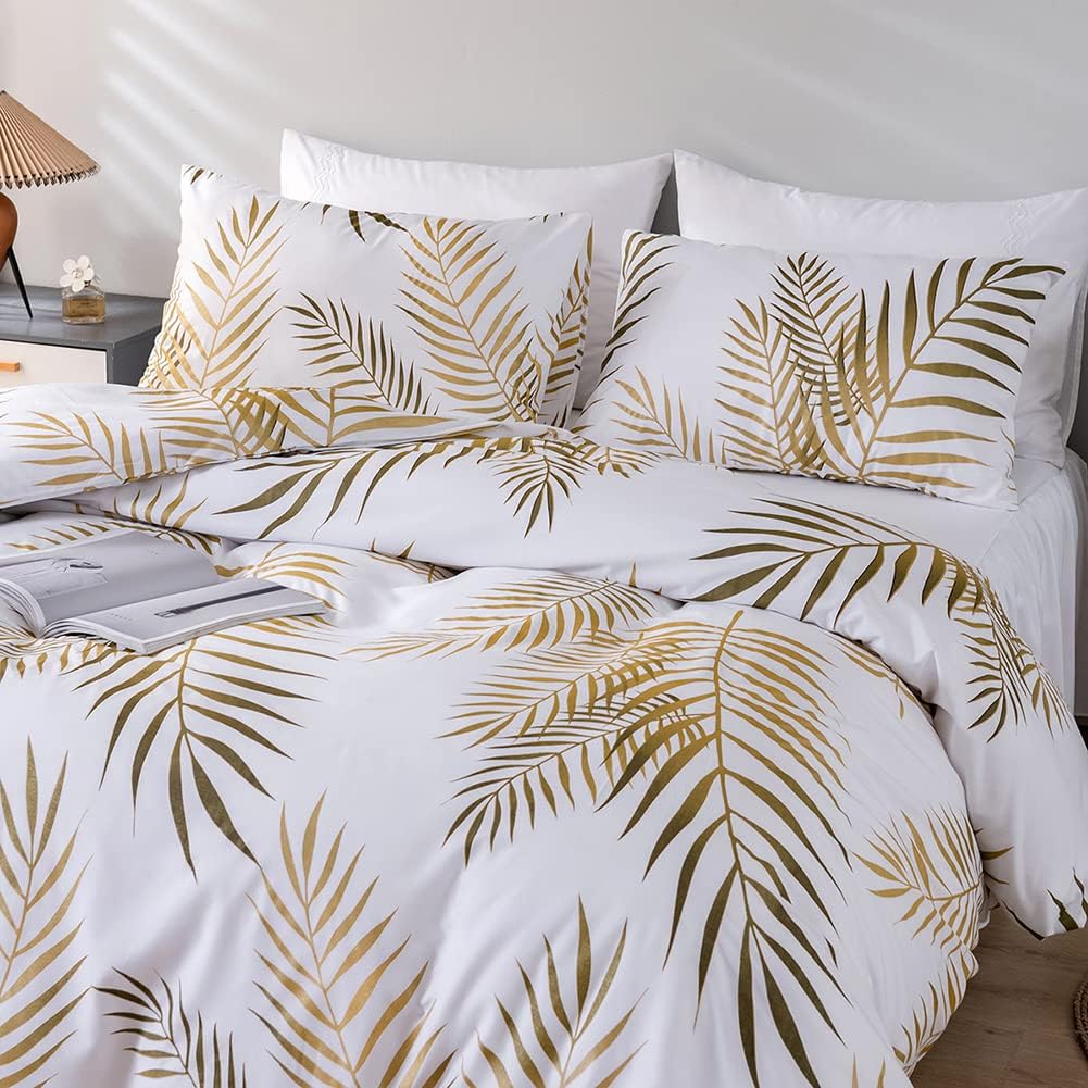 Nayoroom Bettwäsche 140x200 Weiss Gold Blätter Muster Bettbezug 2 Teilig Microfaser Botanisch Palmen