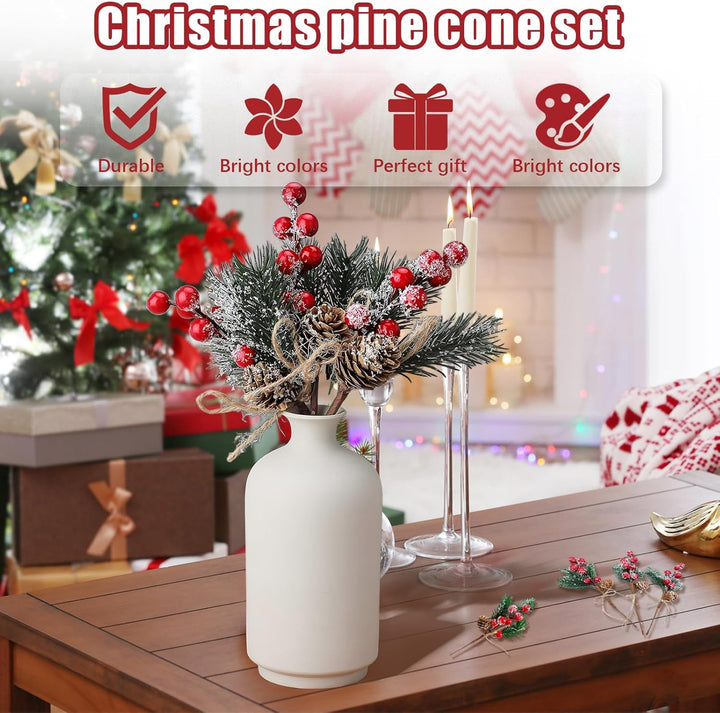 20 Stück Rote und Weisse Beerenstiele, Kleine Künstliche Kiefernspiesse und Sprays Weihnachtsbeeren-