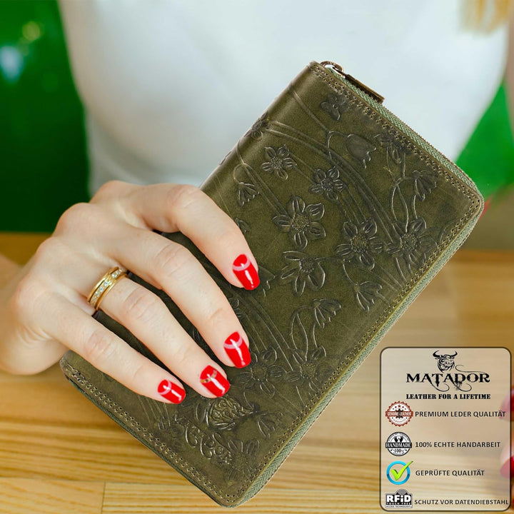 MATADOR Geldbörsen Damen Grün #Madrid mit Edle Geschenk Box, Eleganter Geldbeutel Leder mit RFID Wal