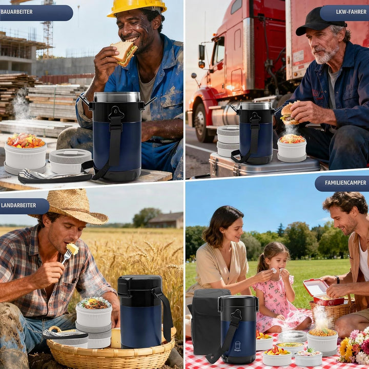 Thermobehälter Essen mit 4 Einzelnen Trennbehältern, Isolier-Lunchbox Edelstahl 2.6L, Auslaufsicher,