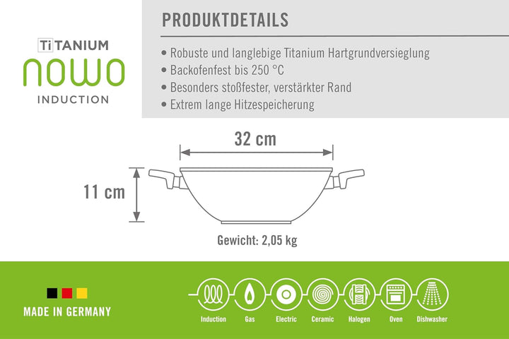 Woll Nowo Titanium Wok- und Rührpfanne mit Glasdeckel in Box - Induktiv -, Ø 32 cm, 11 cm hoch, mit