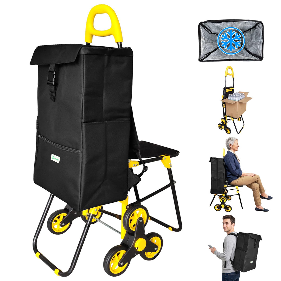 VOUNOT Einkaufstrolley Treppensteiger mit Kühlfach und Klappsitz, Einkaufswagen Klappbar mit 3 Räder
