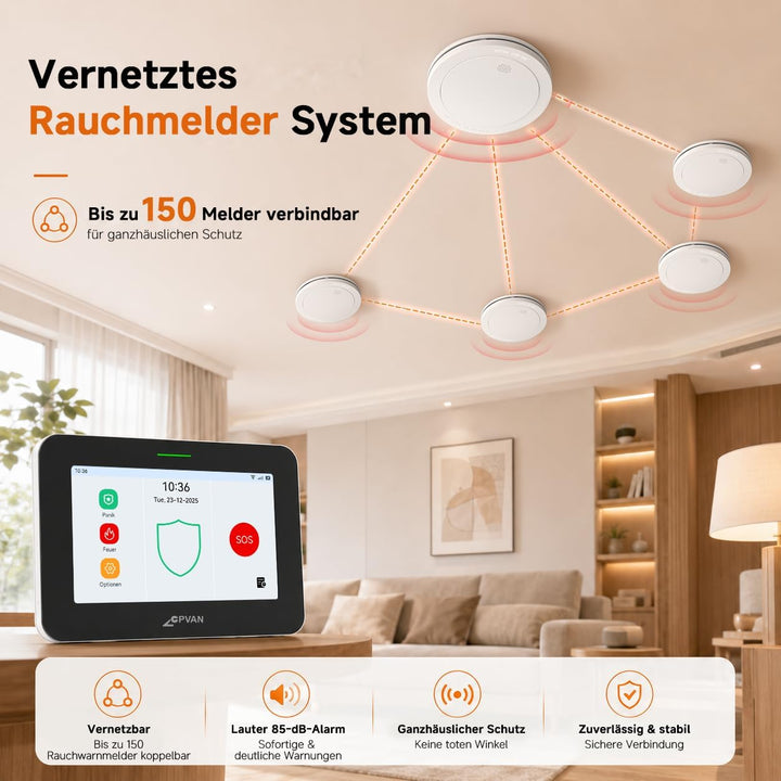 CPVAN GSM + WiFi Smart Rauchmelder Vernetzt 10 Jahre Batterie mit 7" Touch Screen 110dB Zentralpanel
