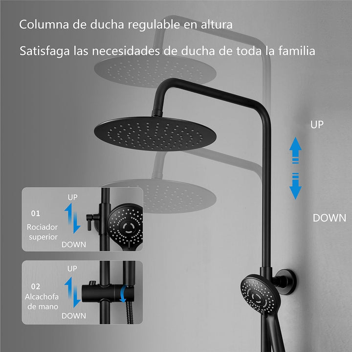 YOOZENA Duschsäule Schwarz, Duschsäule mit Wasserhahn, Regendusche 25 cm, Höhenverstellbar, Chrom, R