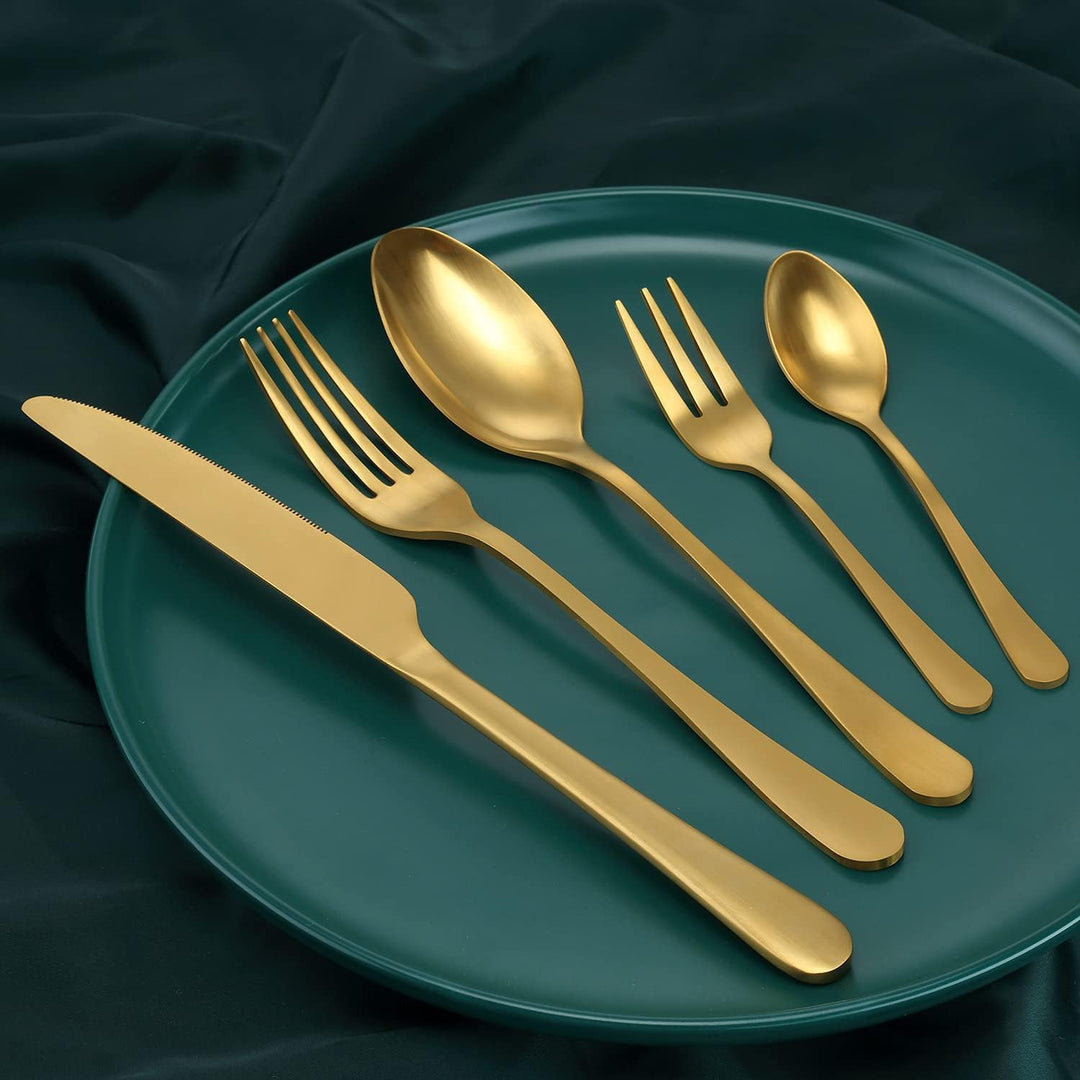 BEWOS Besteck Set für 12 Personen, 60 teilig Titanium Gold Essbesteck Set inkl. Messer, Gabel, Löffe