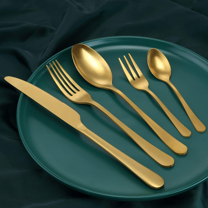 BEWOS Besteck Set für 12 Personen, 60 teilig Titanium Gold Essbesteck Set inkl. Messer, Gabel, Löffe