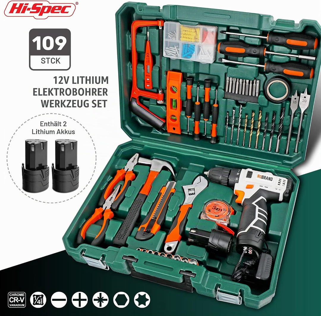 Hi-Spec Werkzeugkoffer mit 12V Akkuschrauber 2 Akkus inkl., Bohrer Set und eine Vielzahl von Werkzeu