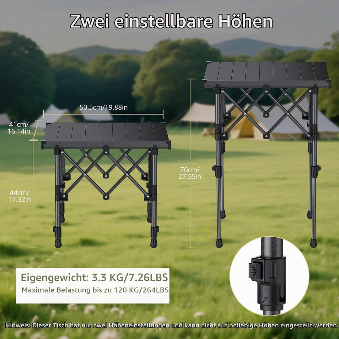Anbte Campingtisch Klapptisch 50x41cm(LxB) Aluminium Aufrollbare Tischplatte mit 2 Höhen 44/70cm X-F