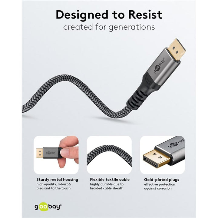 goobay DisplayPort Kabel 2.1-80 Gbit/s, DP-Kabel 16K/60Hz, 10K HDR, 3m - Sharkskin Grey, Metall-Desi