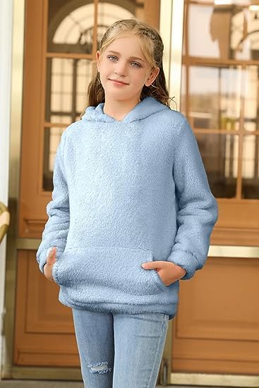 Runcati Pullover Mädchen Kapuzenpullover Fuzzy Teddy Fleece Sweatshirts mit Kapuze Taschen Freizeit