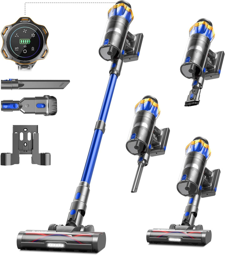 Akku Staubsauger 48000Pa/580W/65Min, 1,8L Staubsauger Kabellos mit Display, Anti-Tangle-Bürste, Selb
