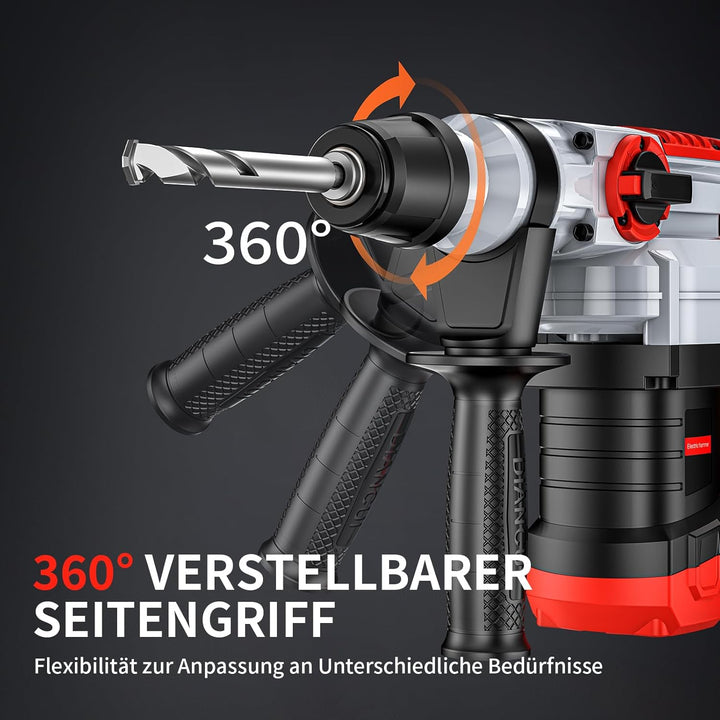 Bohrhammer SDS Plus 1500W, 4 in 1 Funktionen, Anti-Vibrationsgriff und Sicherheitskupplung, Mit Zube