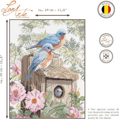 LANARTE PN Zählmusterpackung Blaue Vögel Aida Kreuzstichpackung, Baumwolle, Mehrfarbig, 29 x 39 x 0.