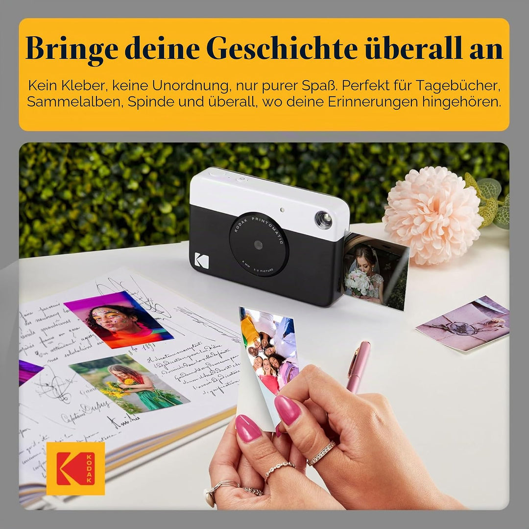 KODAK Printomatic Sofortbildkamera (Schwarz) Basis-Paket + Zinkpapier (20 Blätter) Etui + Bequemer H