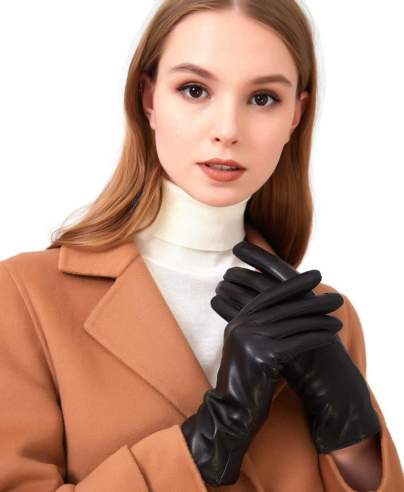 ZLUXURQ Damen Weiche Echte Lammfell Leder Touchscreen Winter Fahrhandschuhe Kaschmir Oder Wolle gefü