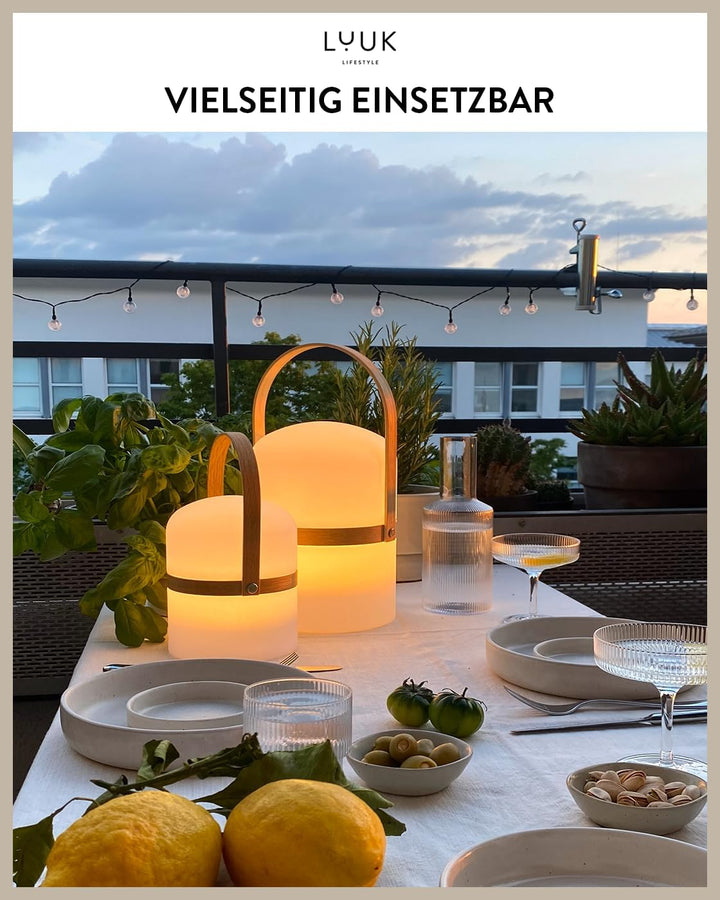 LUUK LIFESTYLE XXL Design Laterne mit Henkel aus Holz, 72h lange Leuchtdauer, per USB aufladbar und