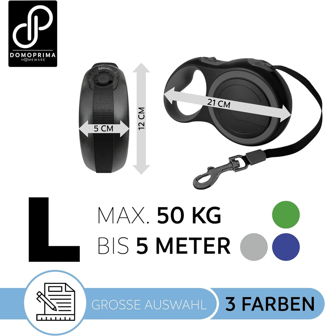 DOMOPRIMA Rollleine Flexibel in 3 Grössen (S,M,L) und 4 Farben (grau, blau, grün, pink) - Robuste un