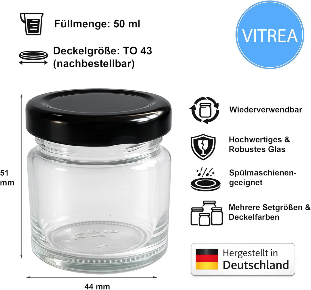 Vitrea 25x Mini Marmeladengläser 50 ml - mit Deckel Schwarz TO 43 - kleine Einmachgläser zum befülle