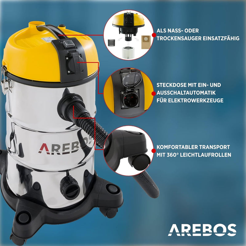 Arebos Industriestaubsauger 1300W | Nass- & Trockensauger | Mehrzwecksauger Wasser-Staubsauger | Wer