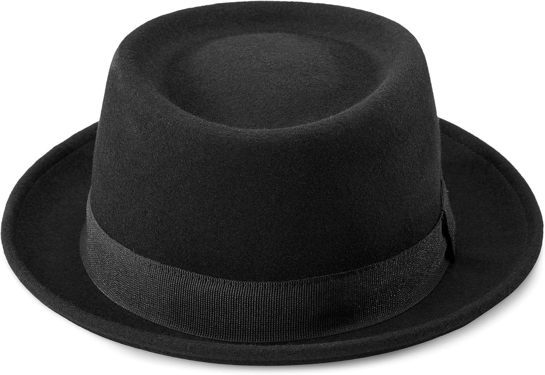 Pork Pie Hut für Herren, schwarze Wolle, flache Oberseite, Fedora-Hut, Trilby-Hut, Unisex, Porkpie-H