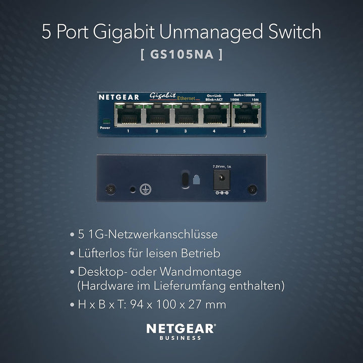 NETGEAR GS105GE LAN Switch 5 Port Netzwerk Switch (Plug-and-Play Gigabit Switch LAN Splitter, LAN Ve