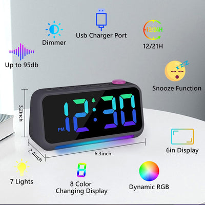 Wecker Kinder Erwachsene, Wecker Digital mit 7 Farben Nachtlicht, Dynamische RGB Wecker, 6" Wecker m