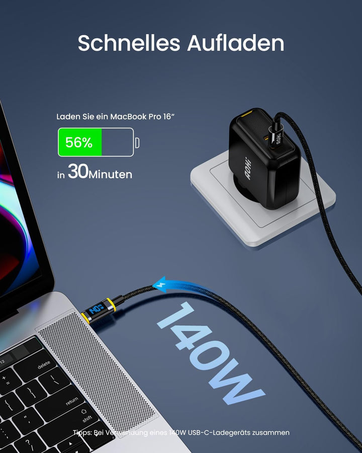 AOHI USB C auf USB C Kabel mit Display, Magline USB C Kabel Nylon 1,2m 100W, Typ C Schnellladekabel