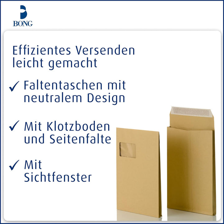Bong Faltentasche C4 (200 Stück), haftklebende Faltentaschen mit Klotzboden und Seitenfalte, Versand