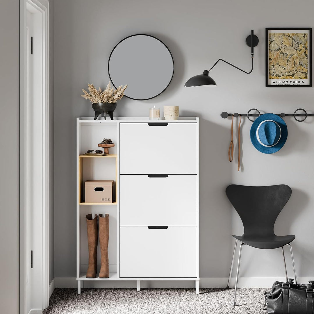 SoBuy Schuhschrank Schmal Weiss Bambus – Kompakter Schuhkipper mit 3 Klappen, Offenem Holzrahmen, Pl
