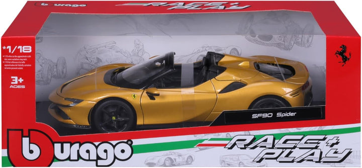 Bburago Ferrari SF90 Spider: Modellauto im Massstab 1:18, Ferrari Race & Play Serie, Kofferraum, Mot