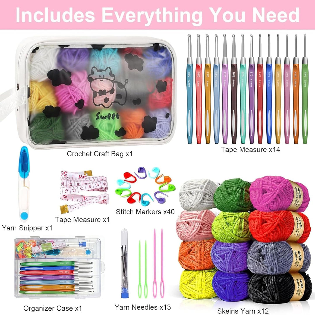 7CDXD Häkelset, Häkelset Set für Anfänger, Strickset enthält 12 Spulen Häkelgarn, 14 Häkelnadeln, 4