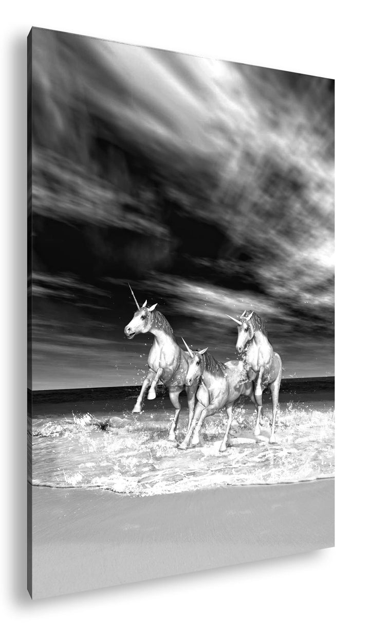 deyoli galoppierende Einhörner am Strand Format: 80x60 Effekt: Schwarz&Weiss als Leinwandbild, Motiv
