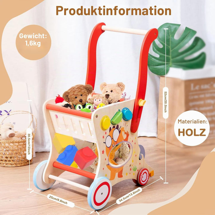 Holz Lauflernwagen für Kleinkinder 1-3 Jahre, Multifunktionaler Einkaufswagen Spielzeug mit Formsort