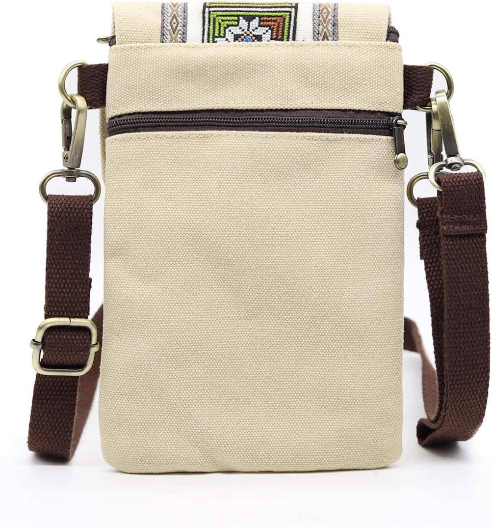 Vintage Embroidered Canvas Small Flip Crossbody Bag Cell Phone Pouch for Women Wristlet Wallet Bag C