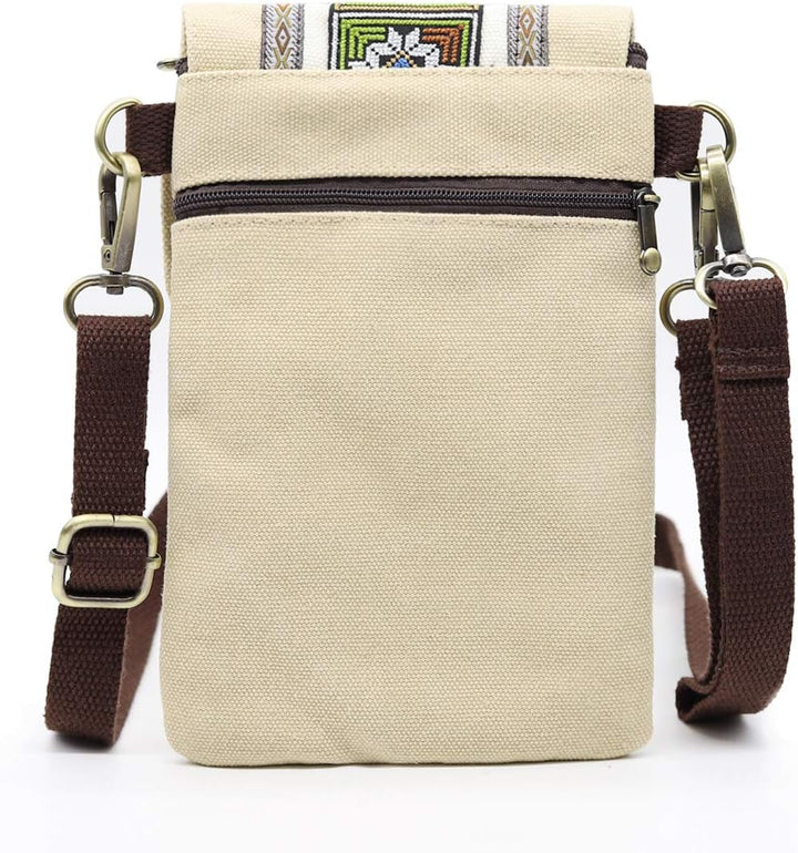 Vintage Embroidered Canvas Small Flip Crossbody Bag Cell Phone Pouch for Women Wristlet Wallet Bag C