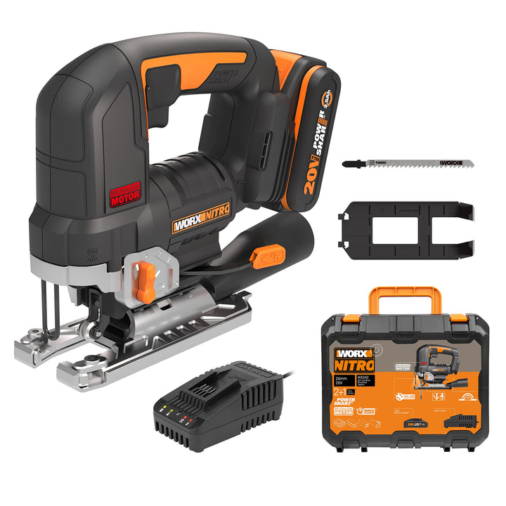 WORX NITRO WX542 Akku-Pendelhub-Stichsäge 20V - Bürstenloser Motor - Profi Stichsäge mit Absaug-Adap