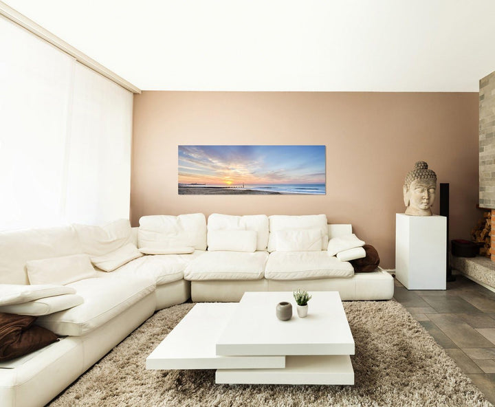 Paul Sinus Art Panoramabild auf Leinwand und Keilrahmen 150x50cm Meer Strand Fischerboot Sonnenaufga