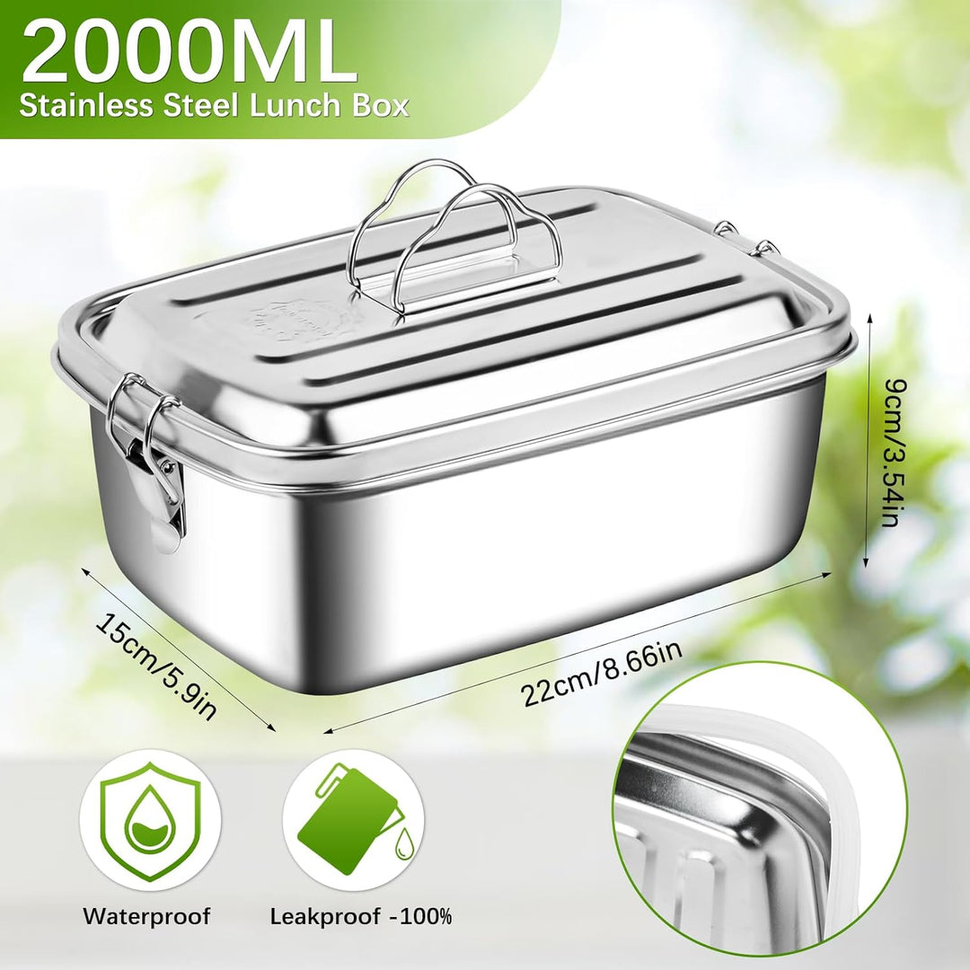 WuGU Brotdose Edelstahl, 2000ML Lunchbox Auslaufsicher Brotzeitdose mit Fächer und Dichtring, BPA-fr