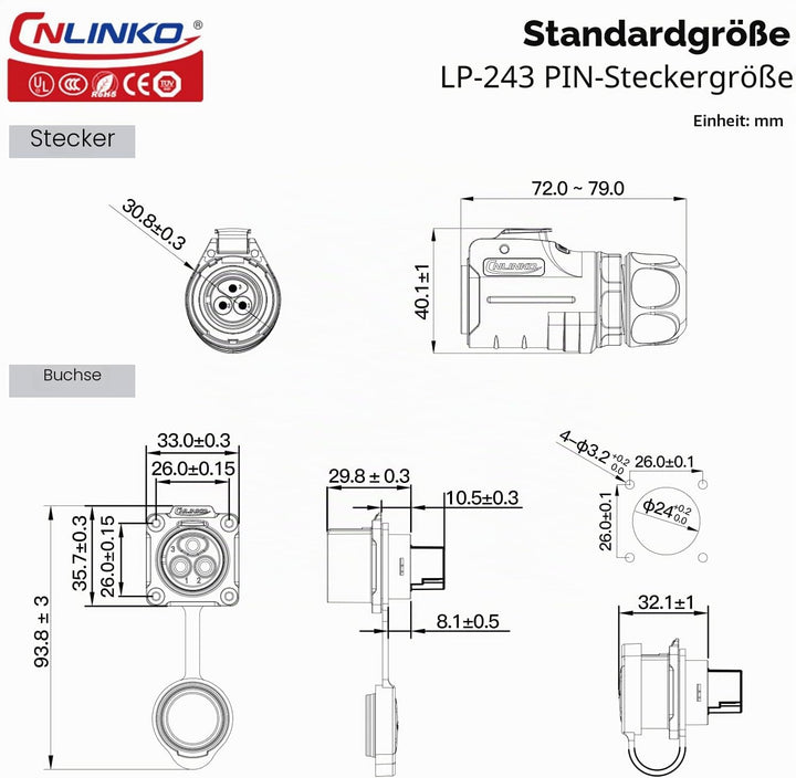 CNLINKO LP-24 3-Pin Industrieller Wasserdichter Steckverbinder - Sichere Schraubdesign Rundsteckverb
