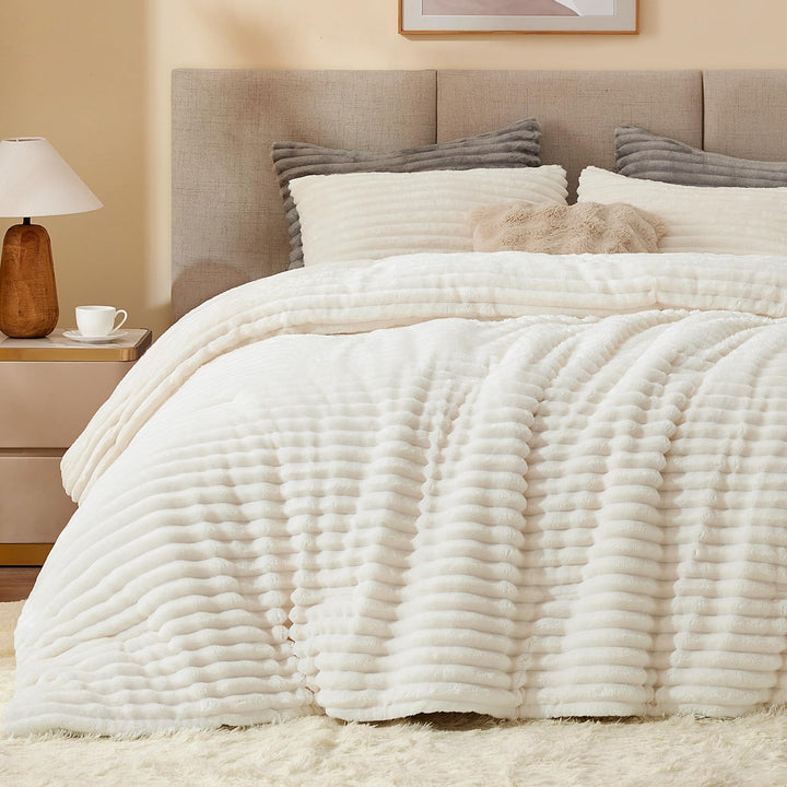 BEDELITE Fleece-Bettwäsche-Set für Queensize-Betten, super weich und warm, flauschig, weiss, luxuriö