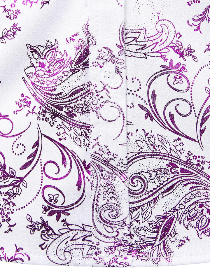 PARKLEES Herren Luxus Paisley Gemustert Golden Glänzend Slim Fit Freizeithemd L Weiss Lila, L Weiss