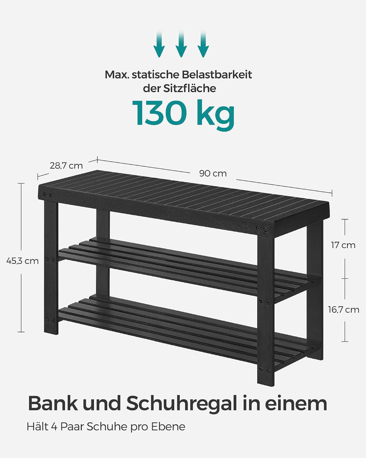 SONGMICS Schuhbank, Schuhregal mit 3 Ebenen, Schuhablage aus Bambus, bis 130 kg belastbar, 28,7 x 90