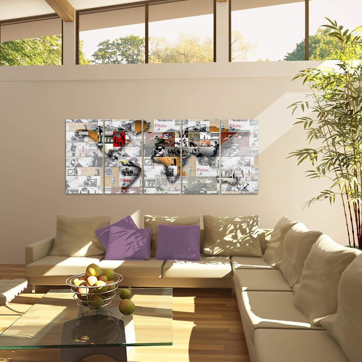 Runa Art Wandbild XXL Weltkarte Banksy Collage Loft Wohnzimmer 200 x 80 cm Bunt 5 Teilig - Made in G
