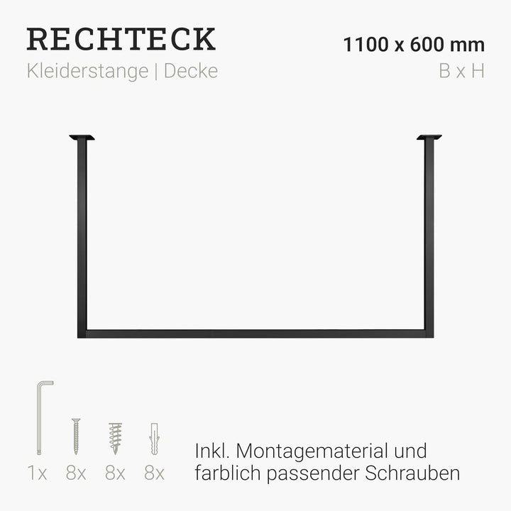 1x Kleiderstange RECHTECK, Garderobenhalter U-From, Wandmontage Bad Flur Küche, inkl. Montagemateria