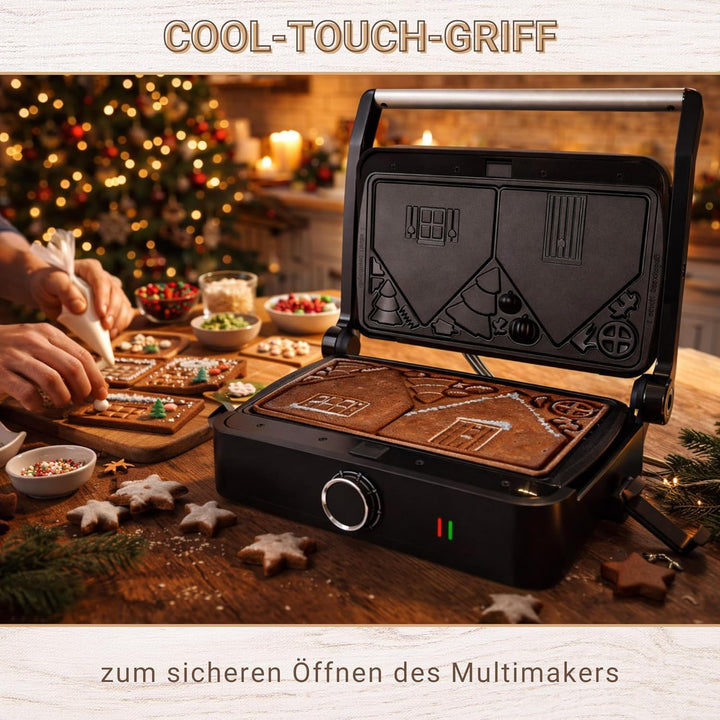 Syntrox Lebkuchenhaus Kombigerät Multifunktionsmaker mit Wechselplatten, Kontaktgrill Edelstahl, Mul